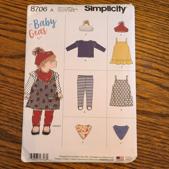 Simplicity 8706 Baby Gear - Jumper, Leggings, Bib, Ruffle Top, Pom Pom Hat XXS-L - Picture 2 of 4